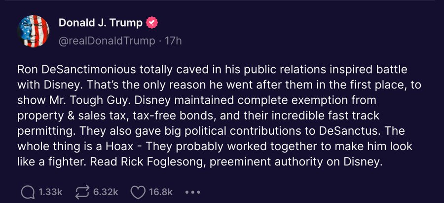Donald Trump conspiracy theory on Ron DeSantis and Disney