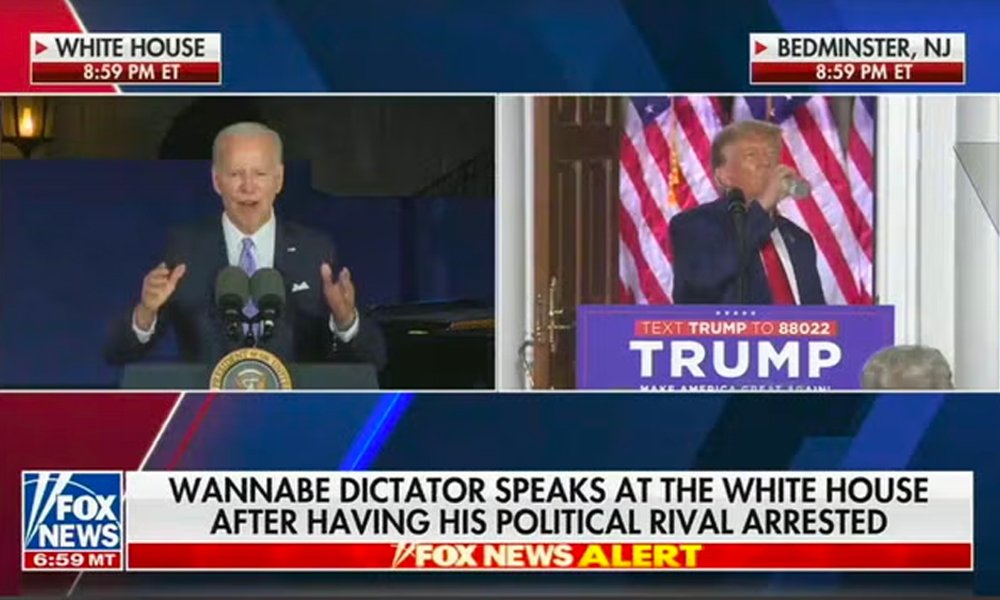 Fox News chyron labels President Joe Biden ‘wannabe dictator’ while Trump plays down charges over mishandling classified documents. (Screenthot)