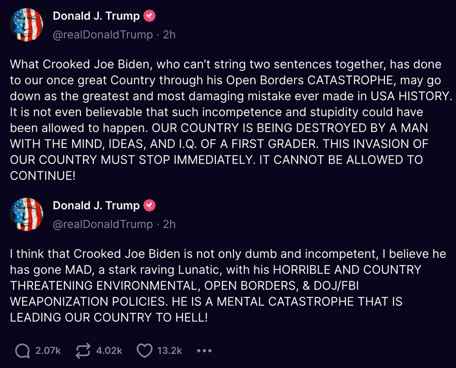Donal Trump's post attacking president Joe Biden on Truth Social. (Image: Screengrab)