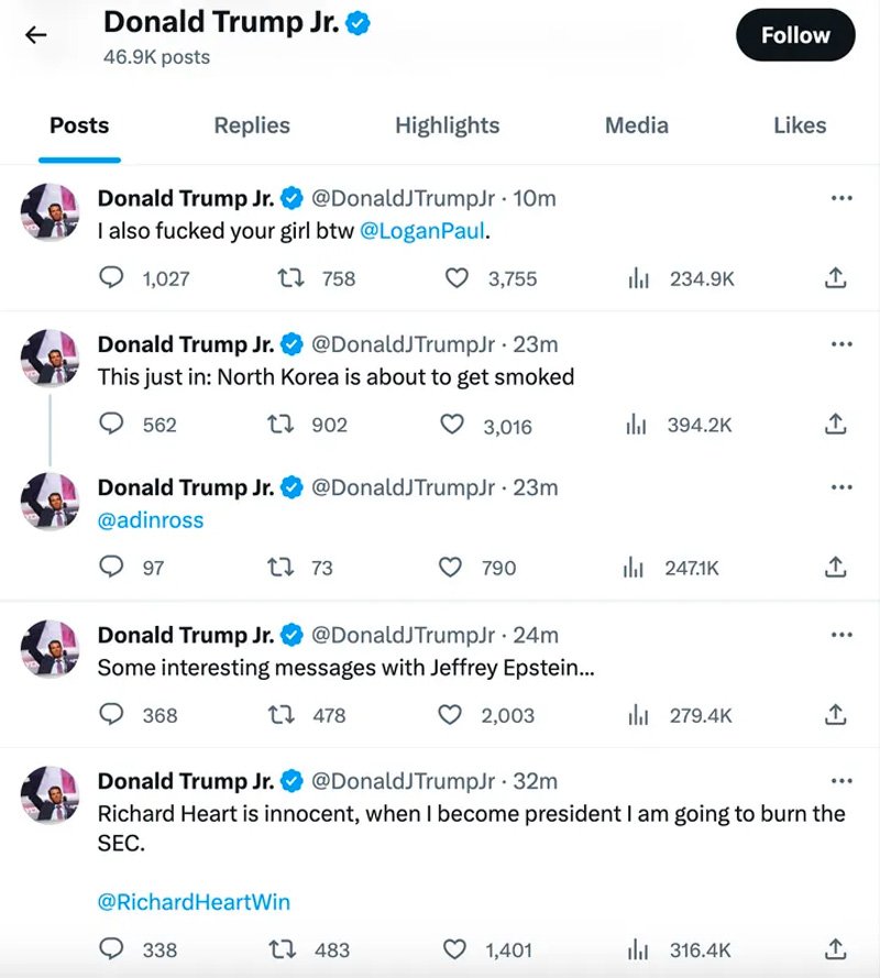 Donald Trump Jr twitter account hacked