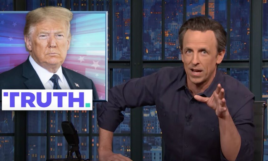"Late Night" comedian Seth Meyers brutally summed up the former president's media company.
