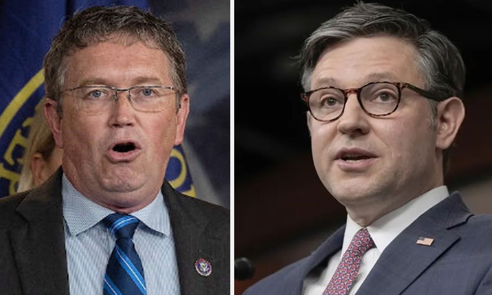 Rep. Thomas Massie (R-Ky.) announced Tuesday he supports a resolution to oust Speaker Mike Johnson (R-La) (Screenshot)