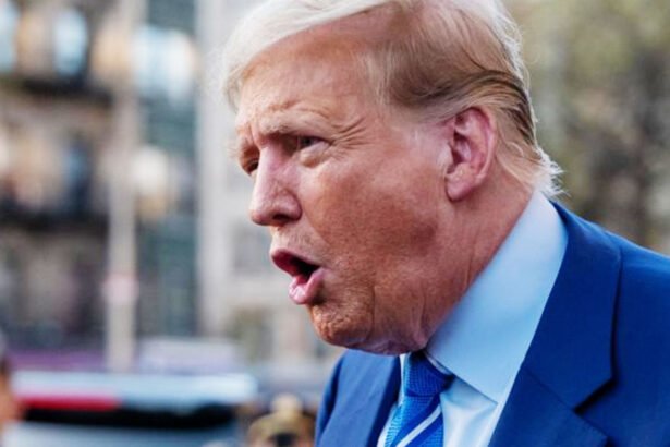 Donald Trump addresses reporters at the New York courthouse on Monday.