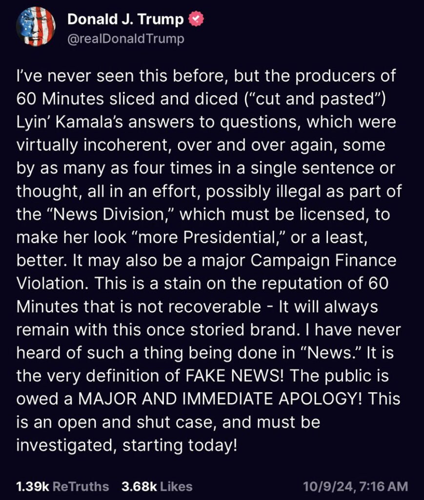 Donald Trump threatens CBS News and 60 Minutes.