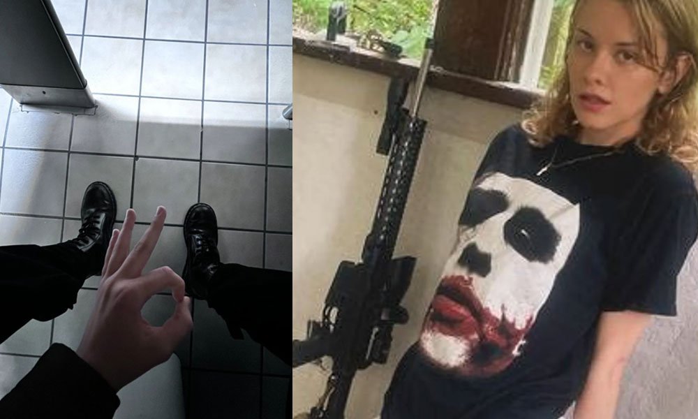 Natalie Rupnow, also known as Samantha, poses with a semi-automatic rifle. On the left is her last social media post, showing her making a hand gesture associated with a white supremacist symbol.