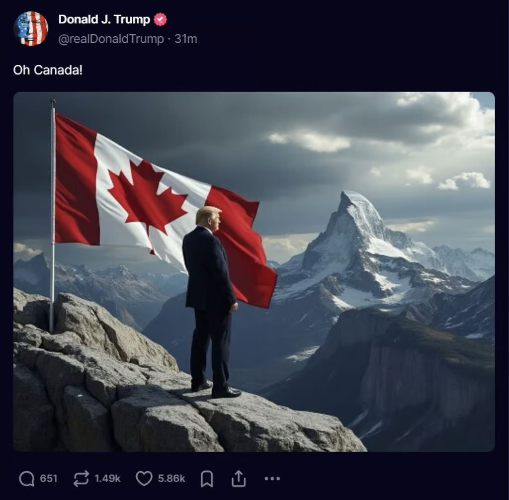 On Tuesday, President-elect Donald Trump posted an AI-generated image of himself standing on mountain with a Canadian flag next to him.