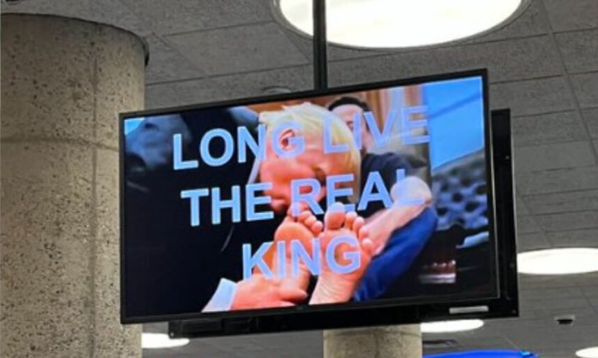 AI Video of Trump Kissing Musk’s Feet Plays on Loop in Federal Building TV Screens, Sparking Laughter Online
