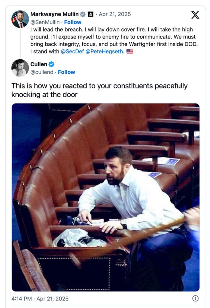 Sen. Markwayne Mullin cowering.