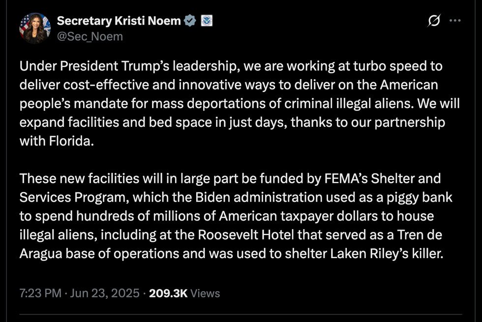 Kristi Noem to Use FEMA Money for Migrant Camp Guarded by Alligators and Pythons