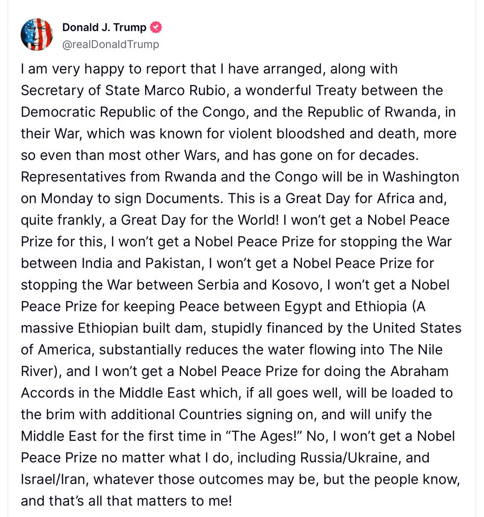 Trump Complains About Never Getting Nobel Prize After Bragging About ‘Wonderful’ African Peace Deal