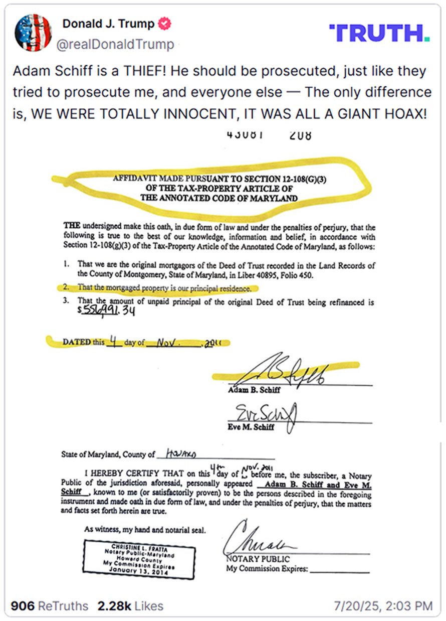 'THIEF!’: Frantic Trump Posts Alleged Adam Schiff Tax Doc, Demands Arrest for 'Fraud'