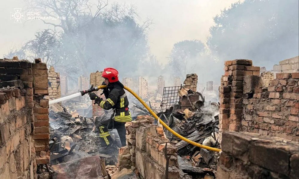 Firefighters on the scene following a Russian attack in Zhytomyr region, Ukraine, on July 9, 2025.