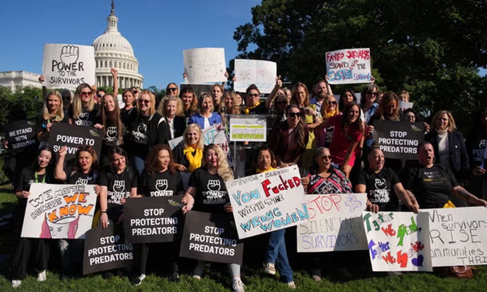 Survivors of Jeffrey Epstein and their supporters gather on Capitol Hill to rally for the full release of the Epstein files