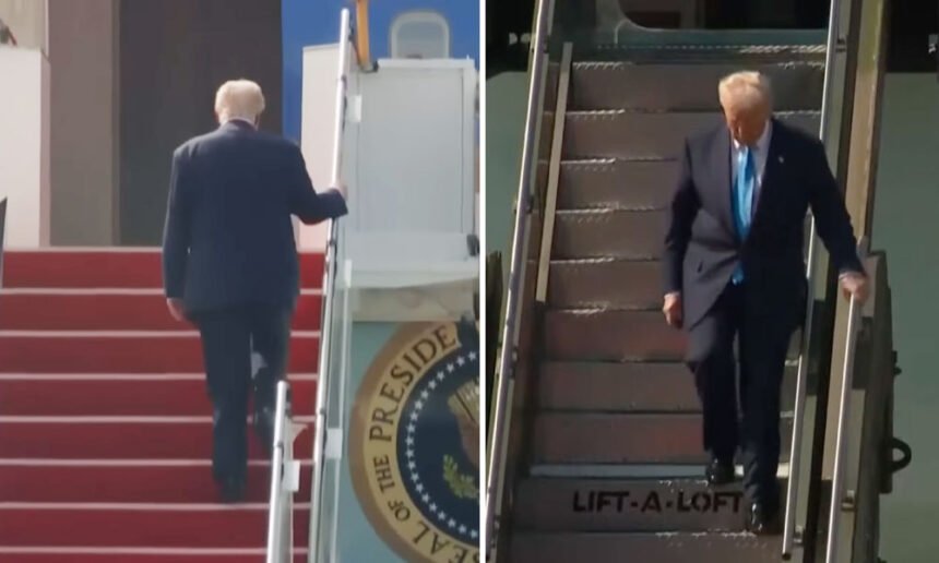 Watch: Trump Clings to Railing for Dear Life on Air Force One Steps