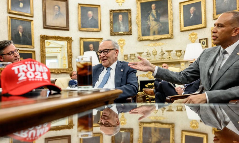 House Minority Leader Jeffries said that he and Senate Minority Leader Chuck Schumer were baffled when the ‘Trump 2028’ hat appeared on the desk.