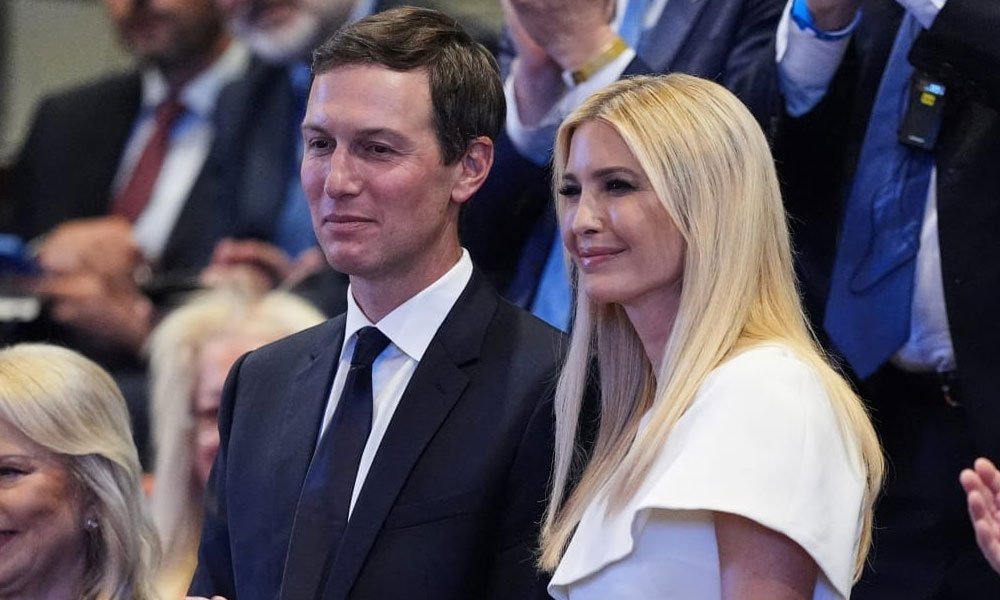 Jared Kushner and Ivanka Trump are recognized by President Donald Trump as he speaks to the Knesset, Israel's parliament, Monday, Oct. 13, 2025, in Jerusalem. 