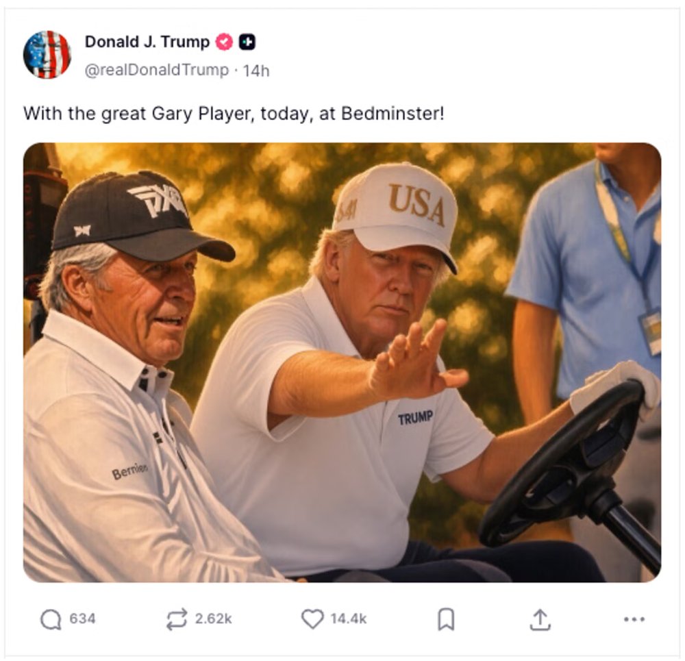 Trump appears to have gotten a digital makeover in the photo, while Gary Player was left looking almost exactly as he did in the original. 