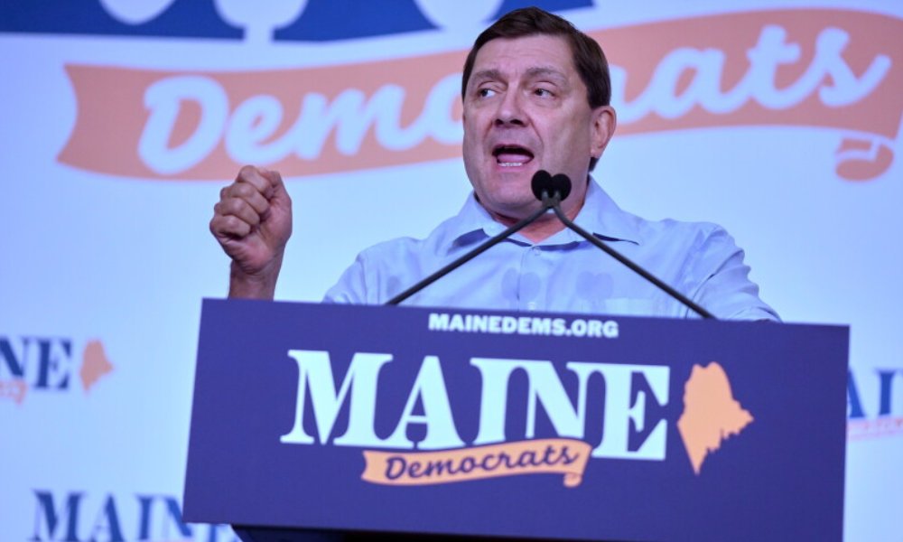 Democratic Senate candidate Troy Jackson addresses supporters in Bangor, Maine. (Photo via X)