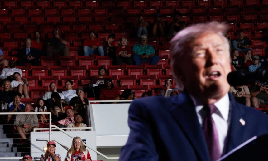 Trump announces another desperate vote-buying scheme at Alabama rally as large sections of seats sit empty